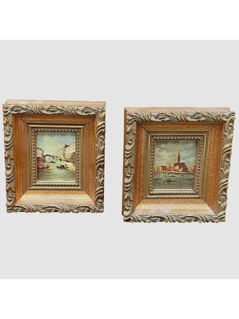 Vintage Venetian Miniature Art Pair Rialto Bridge St Marks Square Ornate Frames